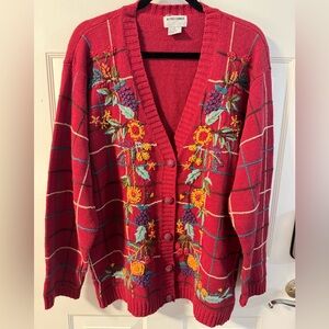 Alfred Dunner Red Floral Embroidered Plaid Button Up Knit Cardigan Grannycore LG